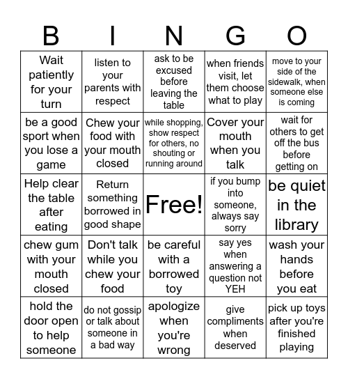 Manners Bingo  Bingo Card