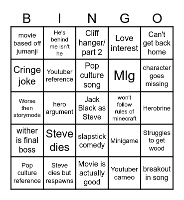 Minecraft Movie Bingo Card Bingo Card