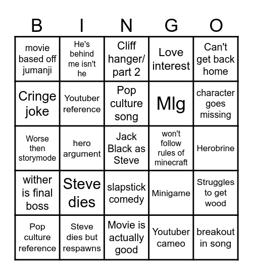 Minecraft Movie Bingo Card Bingo Card