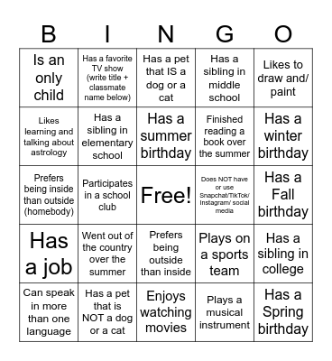 Classmate Bingo Card