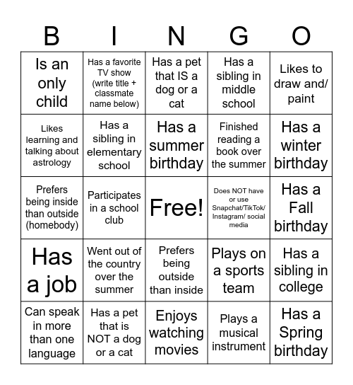 Classmate Bingo Card