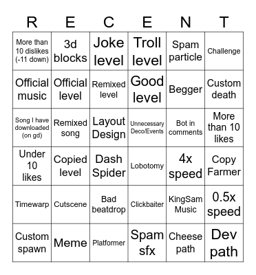 Geometry Dash Recent Bingo Card