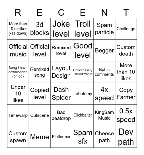 Geometry Dash Recent Bingo Card