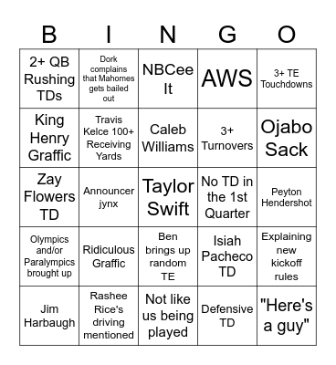 NFL Kickoff Bingo Card