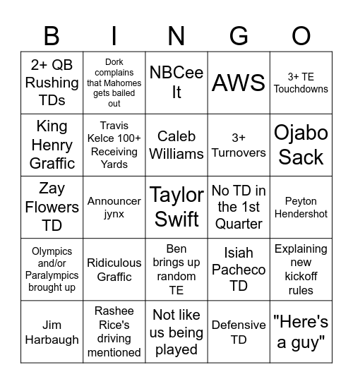 NFL Kickoff Bingo Card
