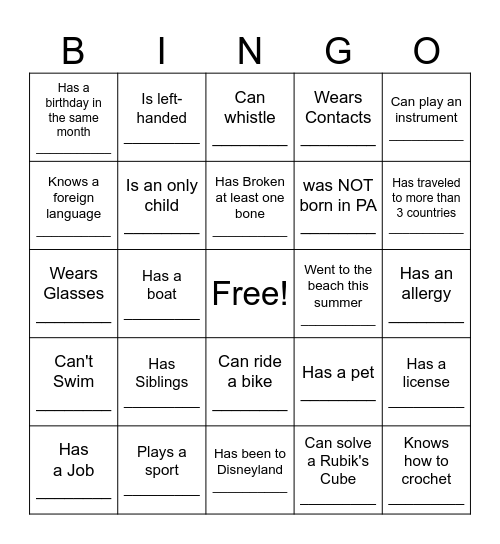 Human Bingo! Bingo Card