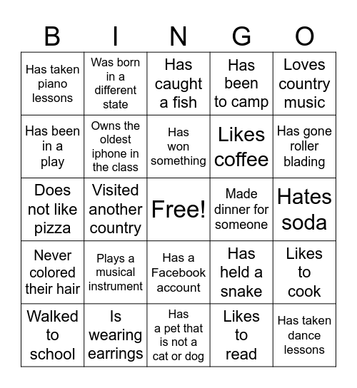 Classmate Bingo Card