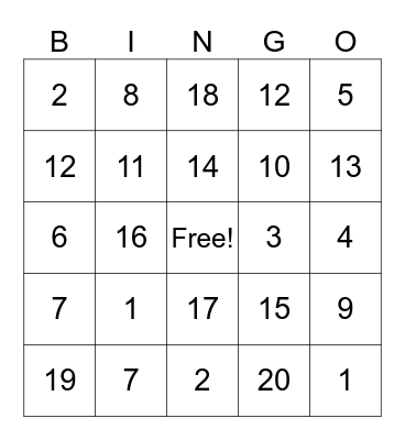 NUMBER Bingo Card