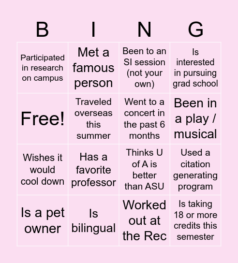 Get to know your fellow SI leaders! Bingo Card