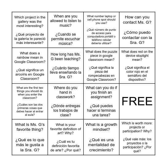 Ms. G's Day 1 Bingo Card