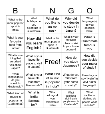 International Culture Bingo Card