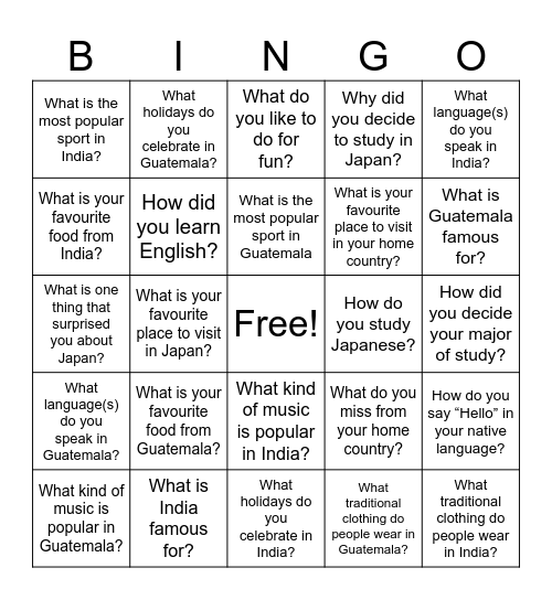 International Culture Bingo Card