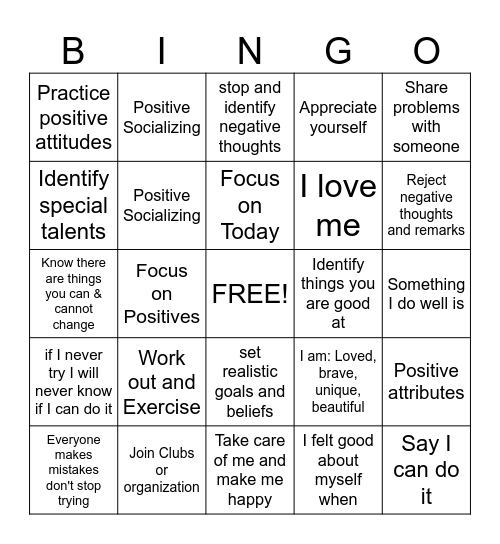 Self Esteem Bingo Card