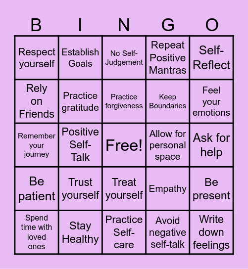 Positive Self-Image Bingo Card