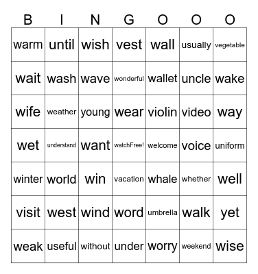 VOC-1200(U-Z) Bingo Card