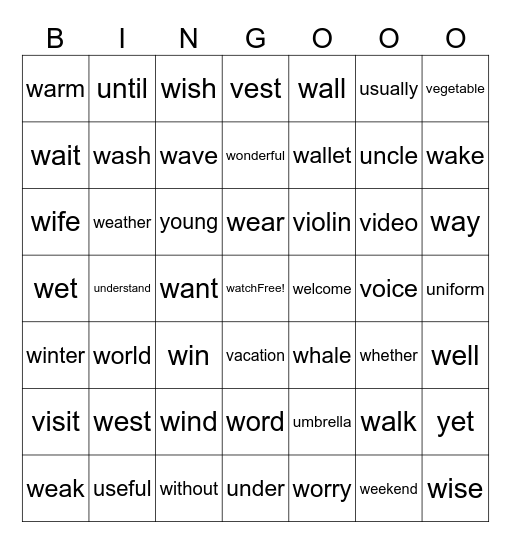 VOC-1200(U-Z) Bingo Card