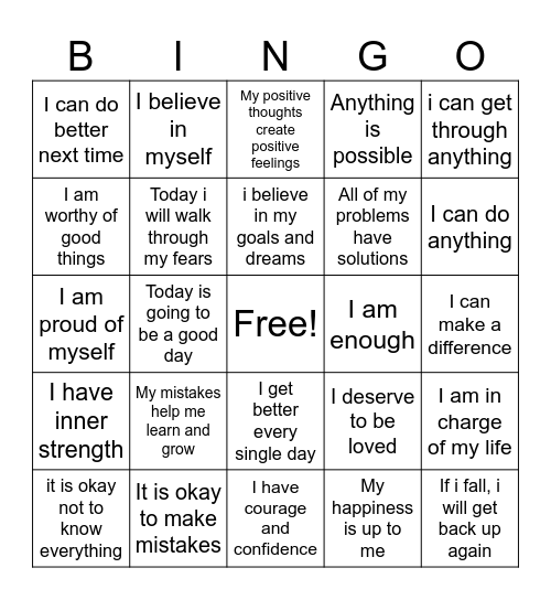 Positive affermations Bingo Card