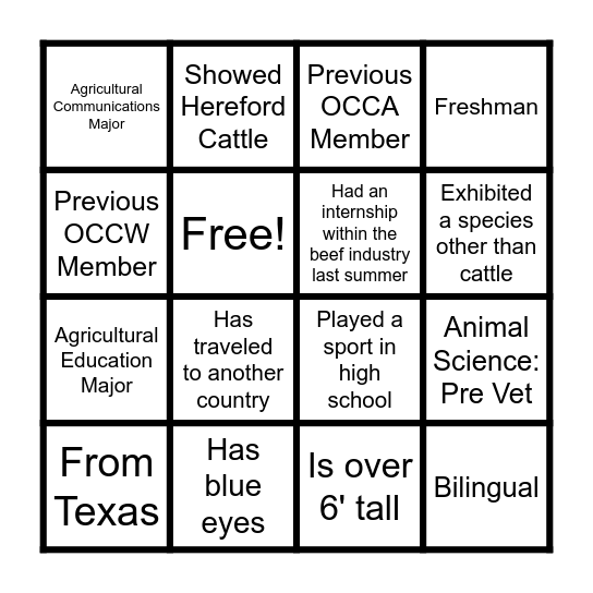 OCCA-OCCW Bingo Blackout Bingo Card