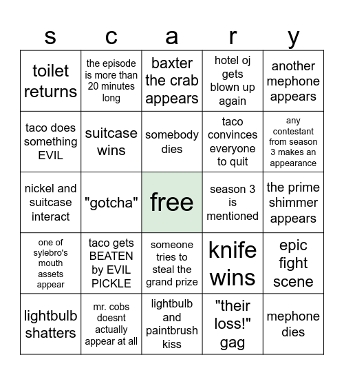 scary inanimate insanity bingo card Bingo Card