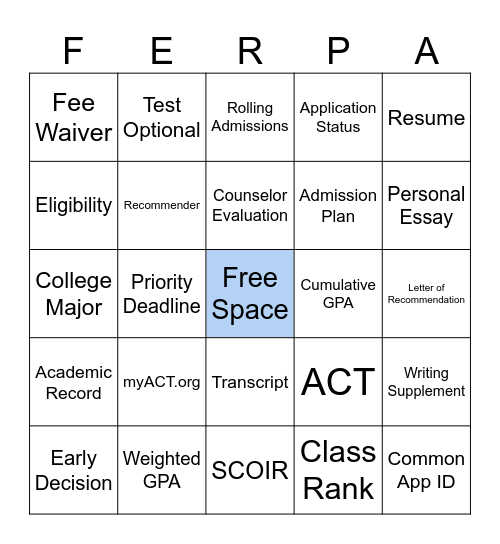 Common App Bingo Card