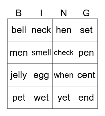 Short e sounds Bingo Card