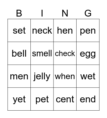 Short e sounds Bingo Card