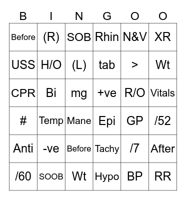 Medical Terminology Bingo Card