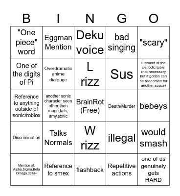 Cringe Sonic Bingo Card