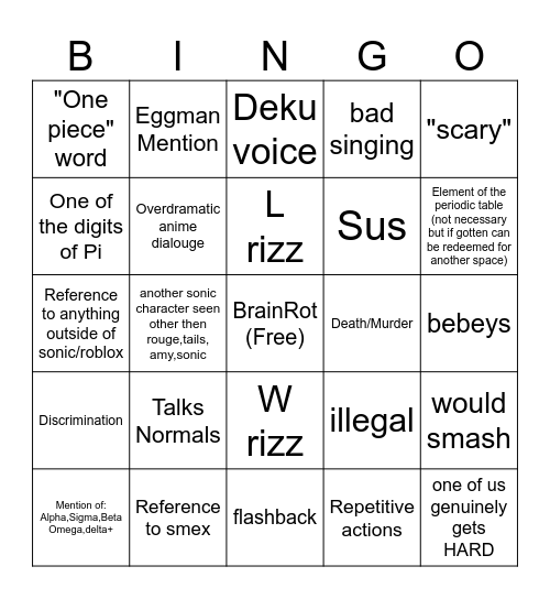 Cringe Sonic Bingo Card