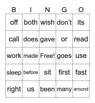 Sight Words Bingo Card