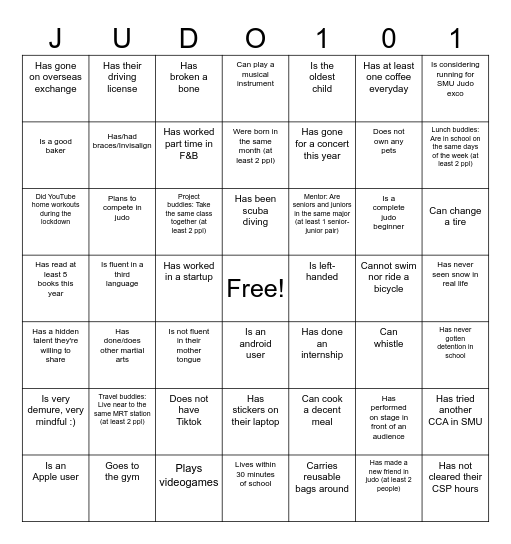 Judo101 Bingo Card