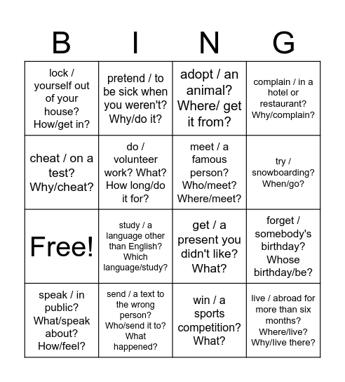 Have you ever ... ? Bingo Card