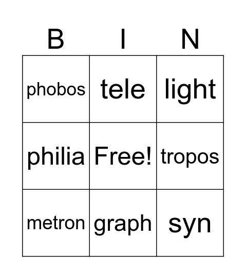 Greek/Latin root words Bingo Card