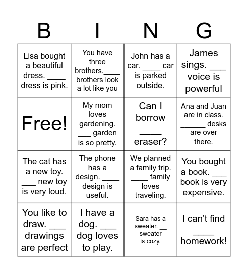 Possessive Adjectives Bingo Card