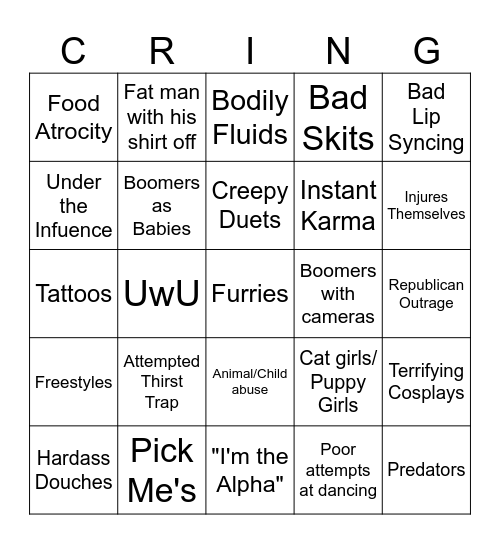 Cringe Compliation Bingo Card
