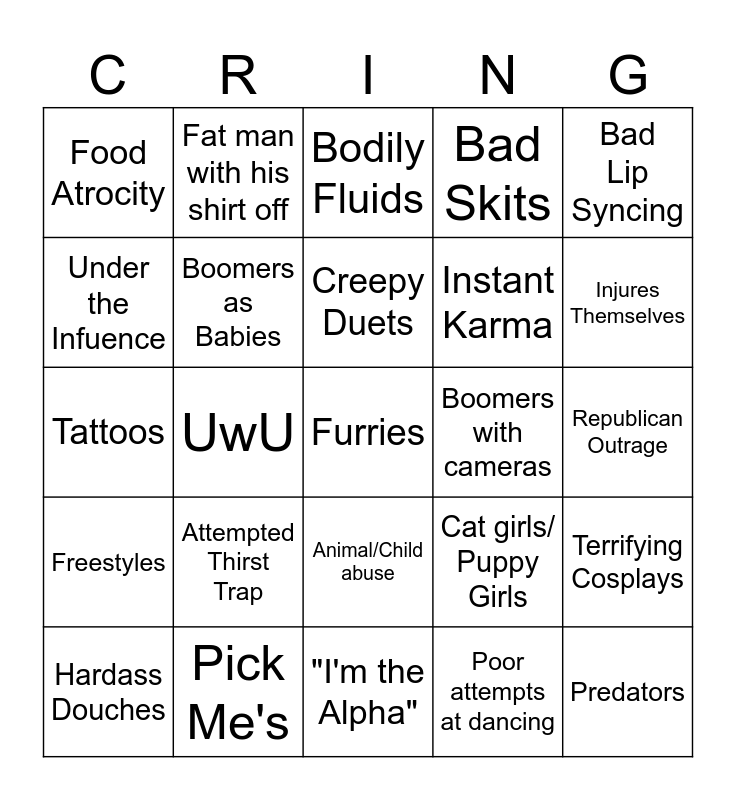 Cringe Compliation Bingo Card