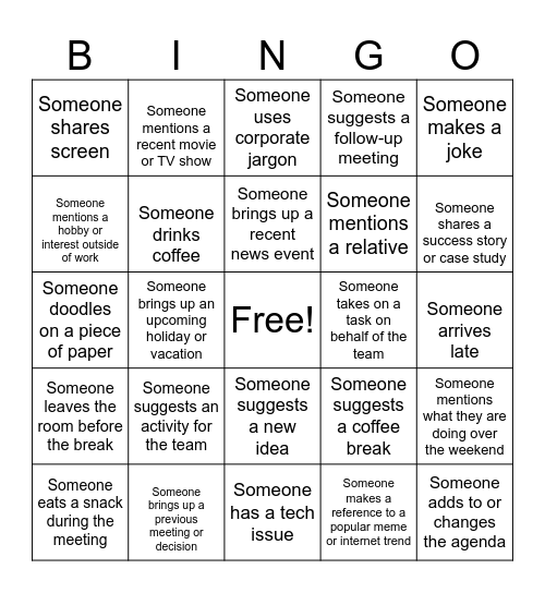 VCP Team Meeting Bingo Card