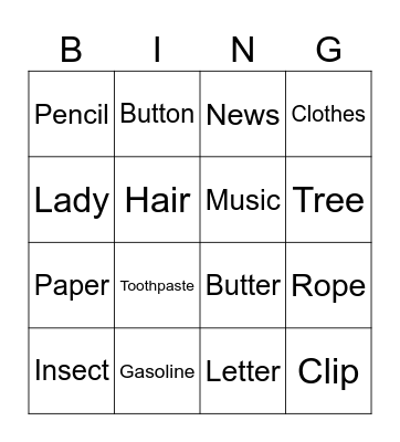 Countable and Uncountabel Nouns Bingo Card