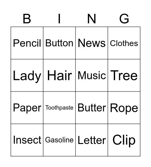 Countable and Uncountabel Nouns Bingo Card