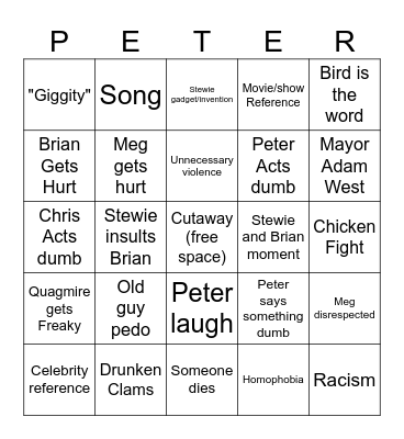 Family Guy clichés Bingo Card