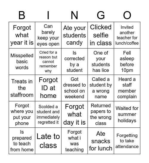 Teacher's BINGO Card