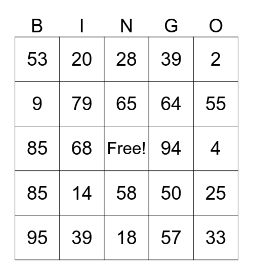 Mathematics Bingo Card