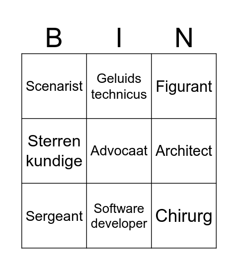 Beroepen Bingo Card