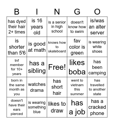 get to know each other bingo Card