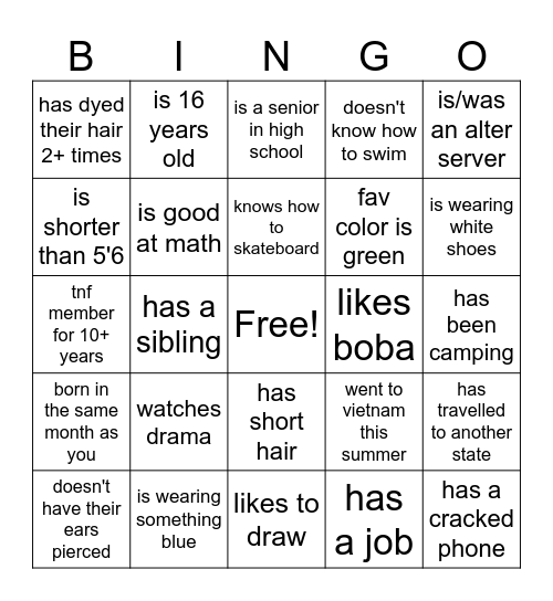 get to know each other bingo Card