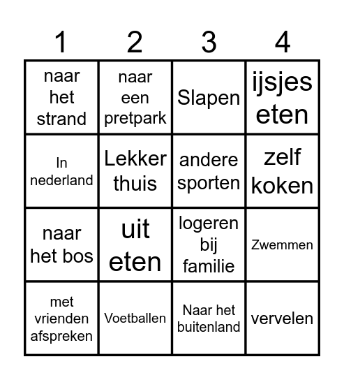 Vakantie Bingo Card