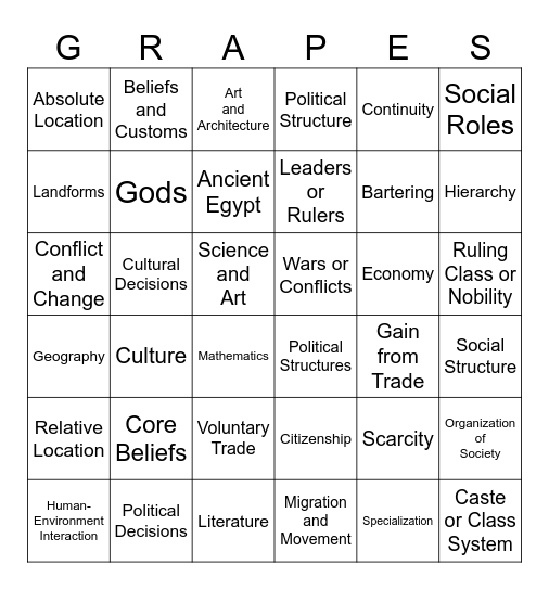 Unit 1: Grapes & Connecting Themes Bingo Card