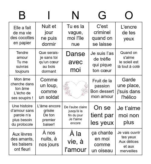 Chansons d'amour Bingo Card