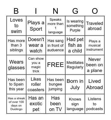 IceBreaker People Bingo Card