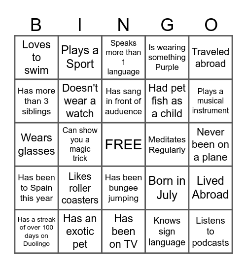 IceBreaker People Bingo Card